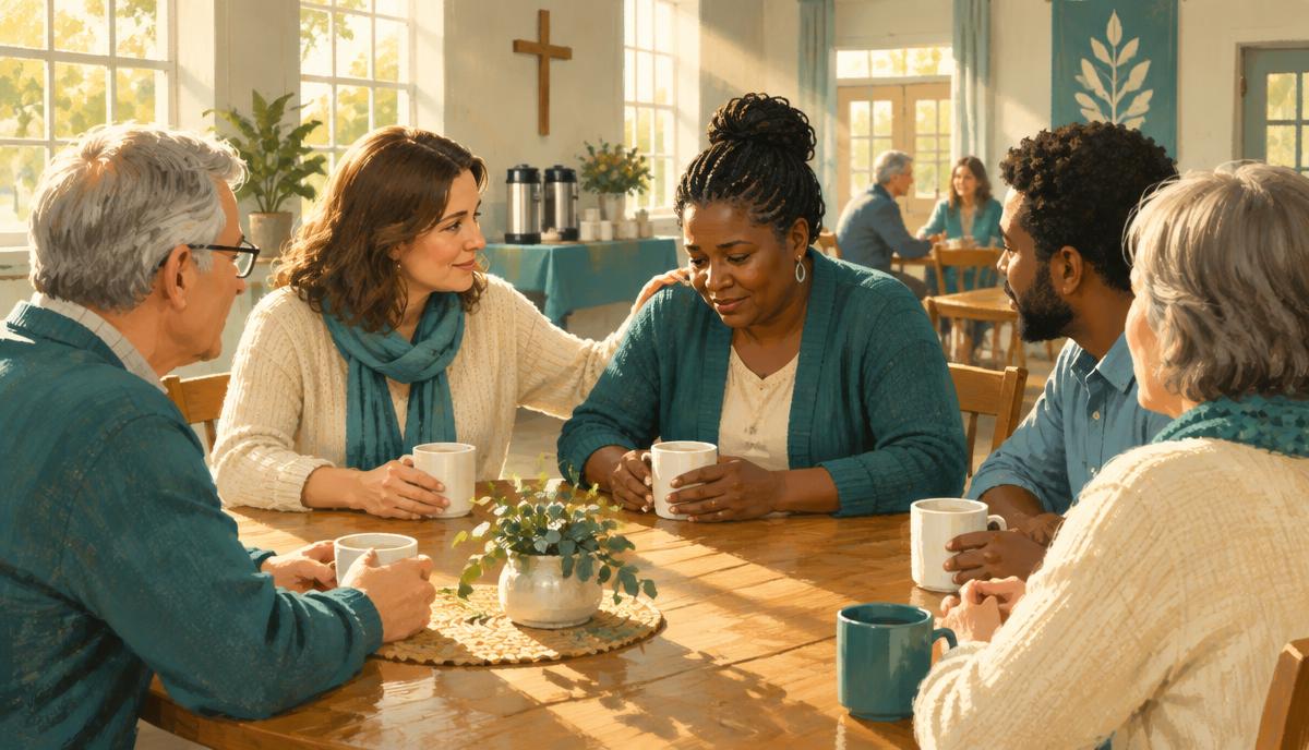 Church members talking together over coffee at a fellowship table