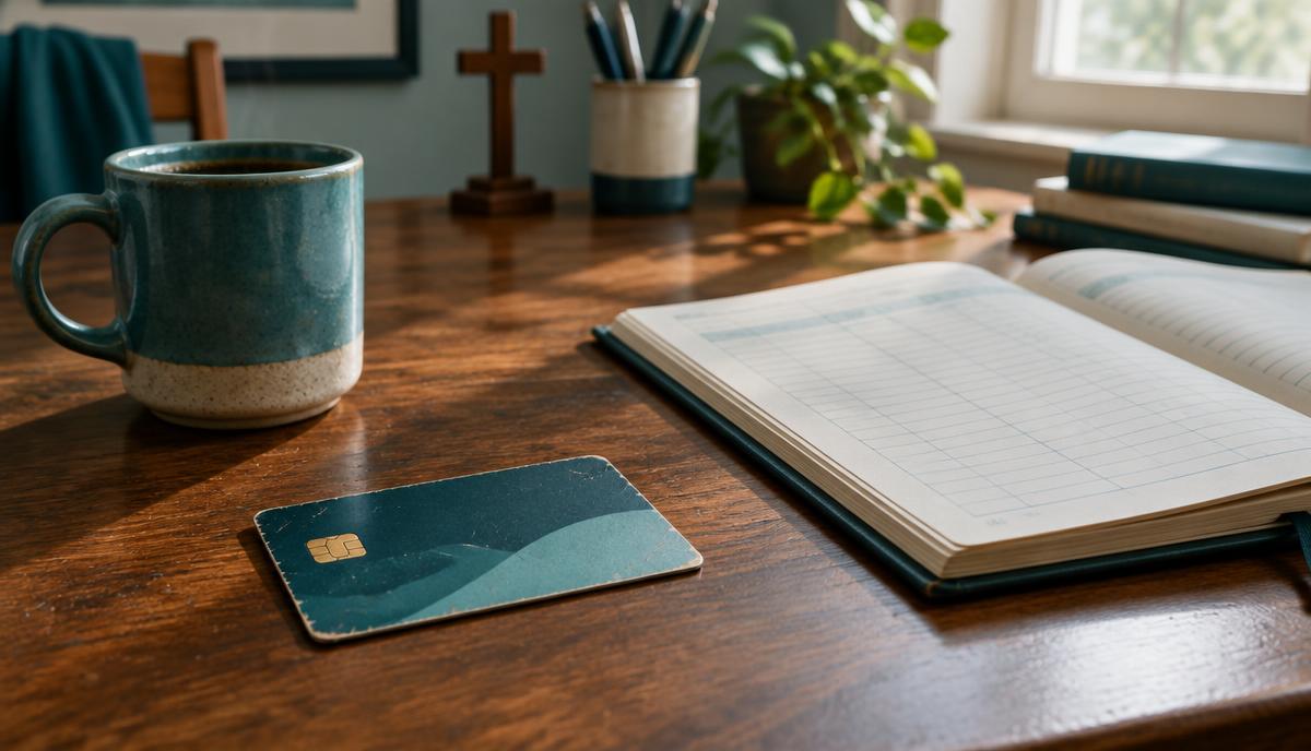 A credit card beside an open ledger on a church office desk