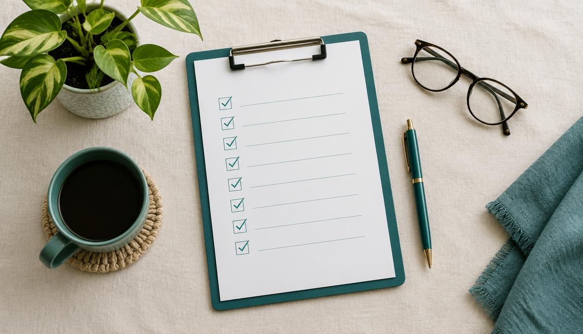 A clipboard checklist, pen and reading glasses on a linen table