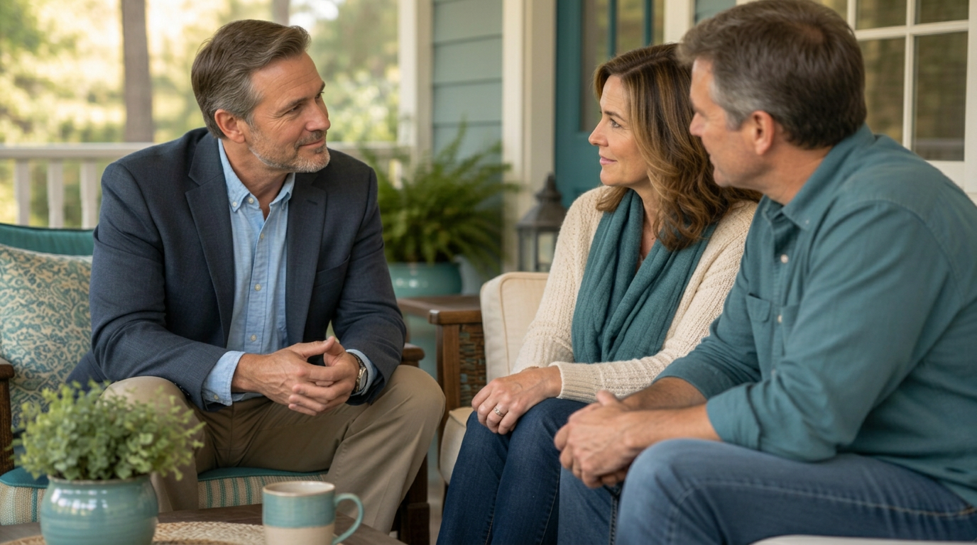 A pastor talking gently with a couple on their front porch